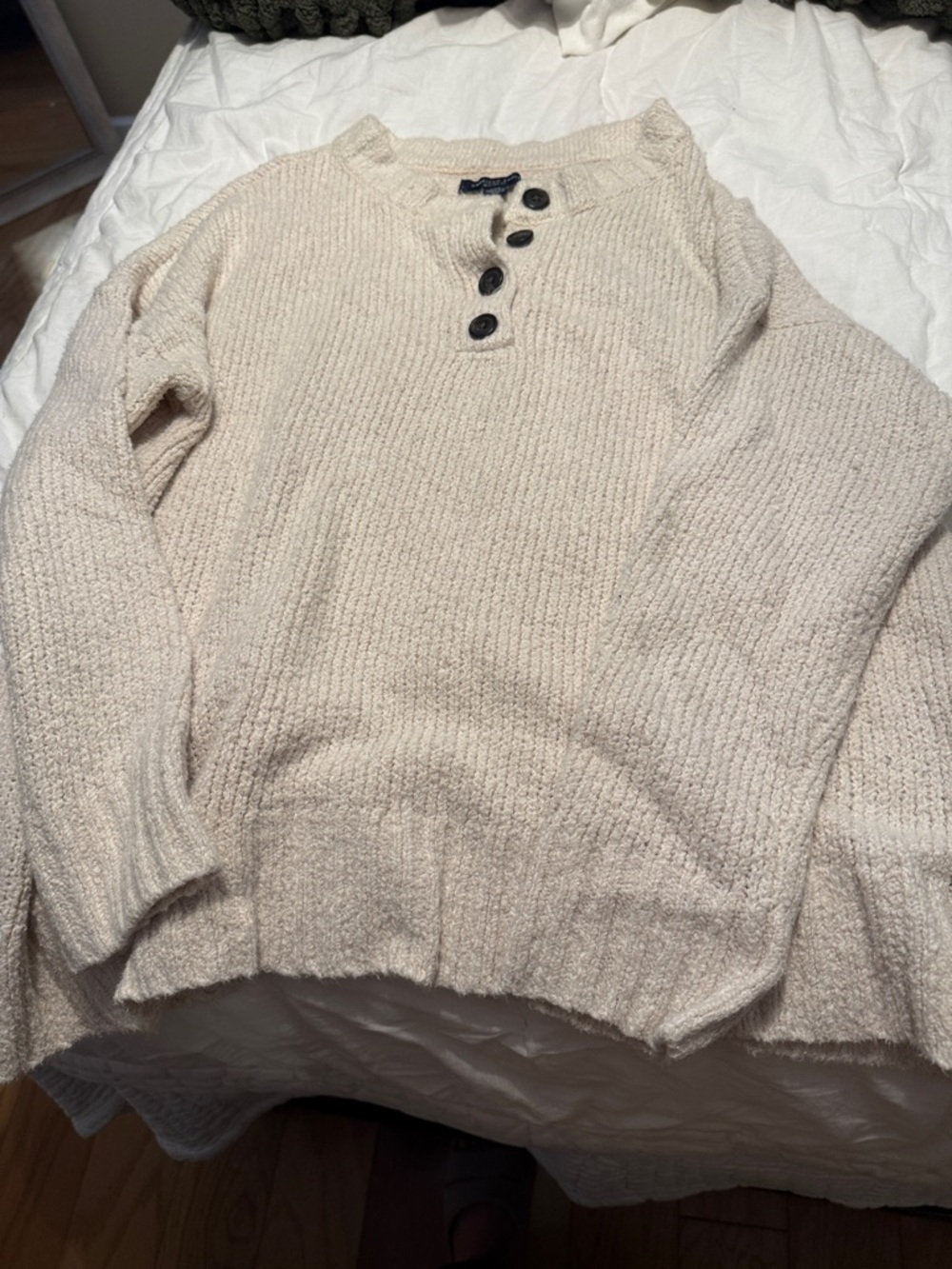 American Eagle Outfitters Cream Textured Knit Henley Cardigan